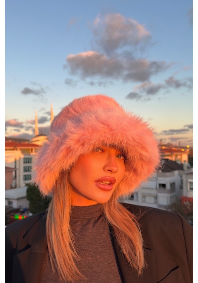 Mollycrush Suni Kürklü Peluş Bucket Kalpak Şapka Luxury Kadın Pembe Rus Slav Tarzı Pembe