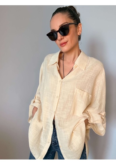 Ali Butik Krem Fakir Kol Oversize Keten Gömlek Krem