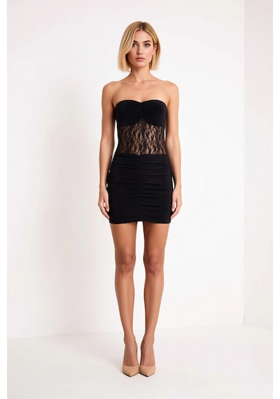 Benerly Kadın Straplez Dantelli Kısa Elbise Bodycon Kesim Astarlı Kolsuz Siyah