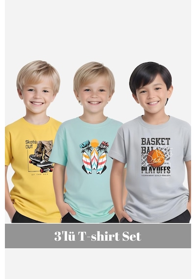 Fyk Kids Erkek Çocuk Yuvarlak Yaka 3'lü Basketball-surf Al Day Baskili T-shi Rt Çok Renkli