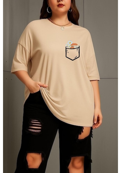 Büyük Beden Cep Çiçek Baskılı Unisex Tişört Bej