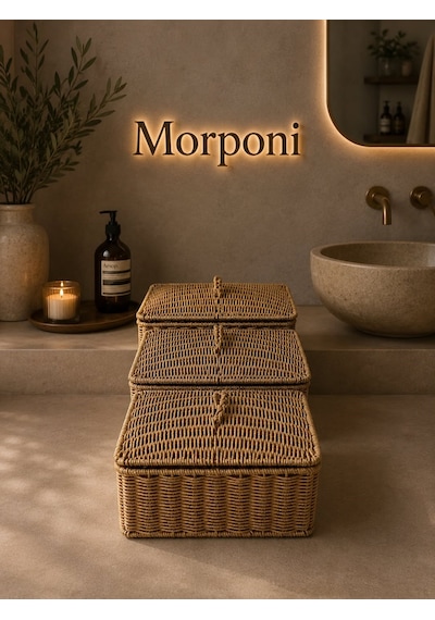 Lüks Rattan 3'lü Kapaklı Düzenleyici Sepet - Banyo Ve Ev Organizer Seti Mrl-105a Sarı