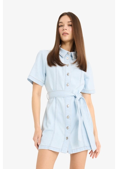 DeFacto Polo Yaka Düğmeli Kuşaklı Kısa Kollu Mini Jean Elbise E1287AX25SMNM39