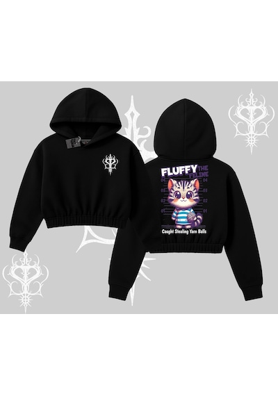 Startmore Fluffy The Feline Yazılı Sevimli Kedi Arka Baskılı Kapşonlu Crop Sweatshirt Siyah