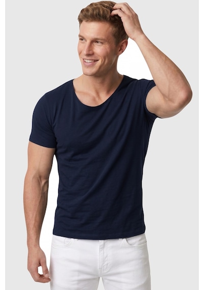 Deepsea Erkek Lacivert Geniş Yaka Likralı Tişört Oval Yaka Slim Fit Eteği Oval Açık Yaka T-shirt 1801199 Lacivert