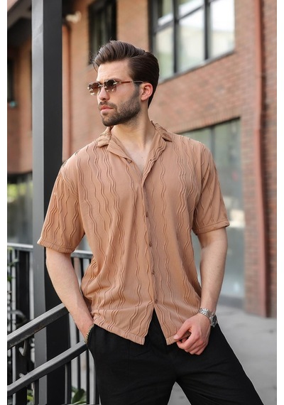 Madmext Bej Dalga Desenli Regular Fit Erkek Gömlek E6771