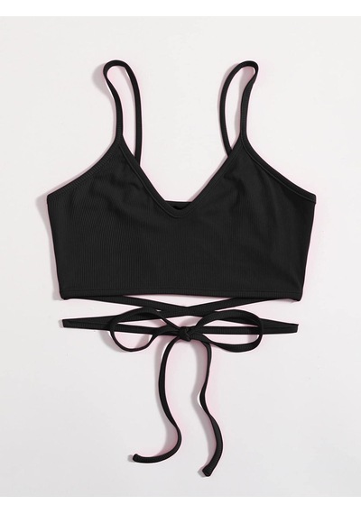Liona V Yaka Askılı İpli Siyah Renk Fitilli Super Crop Top Büstiyer Siyah