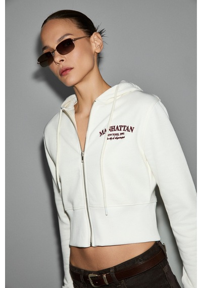 Grimelange Iressıne Kadın Kapüşonlu Fermuarlı Uzun Kollu Regular Beyaz Sweatshirt Beyaz