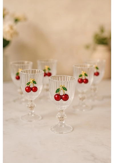 6 Lı Kristal Cam Kahve Yanı Bardağı Kiraz Bardak Kirazlı 75ml