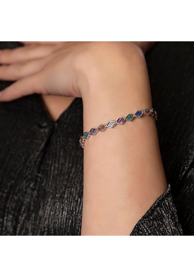 Tesbihane-Altıgen Tasarım Multicolor Zirkon Taşlı Tam Tur 925 Ayar Gümüş Ka