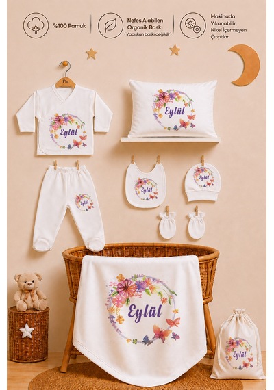 Pia Baby Kişiye Özel %100 Pamuk Kız Bebek Hastane Çıkışı Zıbın Seti 8 Parça Kese Hediyeli 2058zybkyx Krem