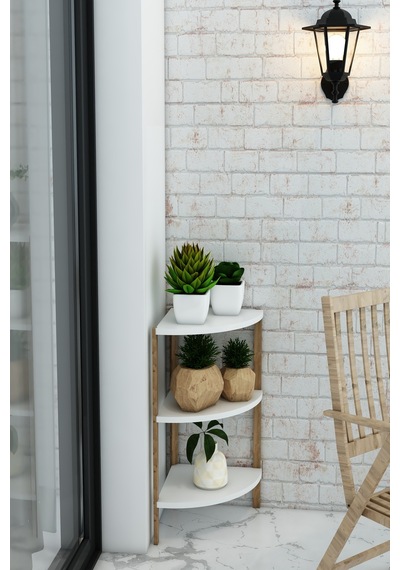 Modern İskandinav 3 Katlı Ahşap Çiçeklik & Dekoratif Köşe Rafı