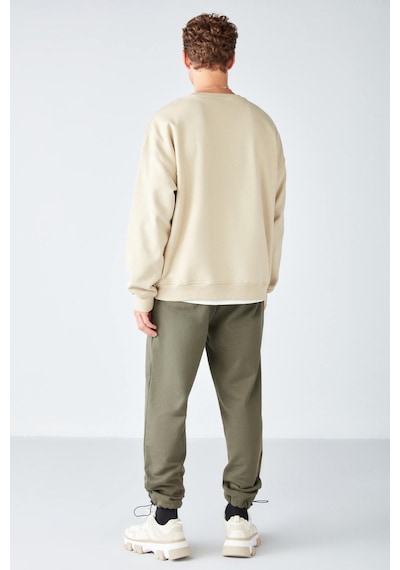 Grimelange Stephan Erkek Yumuşacık Kumaşlı Organik Pamuklu Oversize Fit Yuvarlak Yakalı Bej Sweatshirt