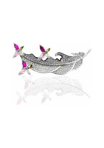 Oya Silver Renkli Taşlı Mini Kelebekli Kuş Tüyü Gümüş Broş 4.2x1.8cm 61112606 Pembe