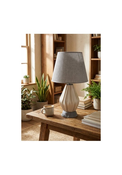 Işık Geçiren Porselen Abajur 49 Cm - Krem, İpek Şapkalı Pa010104x