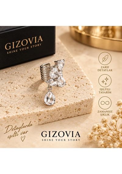 Gizovia Gümüş Renk Kristal Taşlı Sallantılı Kıkırdak Küpe