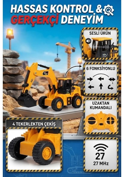 Uzaktan Kumandalı Kepçe İş Makinası 1:24 Ölçekli 6 Fonksiyonlu Sesli Ve 4 Çeker Oyuncak Ekskavatör Sarı