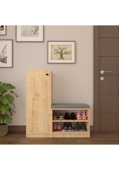 Asra Trend Puflu Ayakkabılık A-12 %100 MDF Minderli Portmanto Seti Safir Meşe