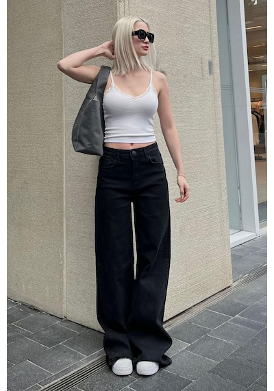 Madmext Siyah Straight Wide Kadın Jean Mg2000-siyah Siyah