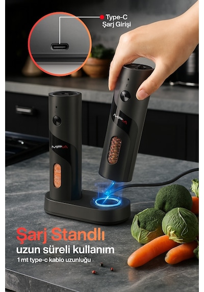 Mpıa Şarjlı Baharat Öğütücü 2 Li 110 Ml Led Paslanmaz Çelik Bıçak Tuz Karabiber Öğütücü Çok Renkli