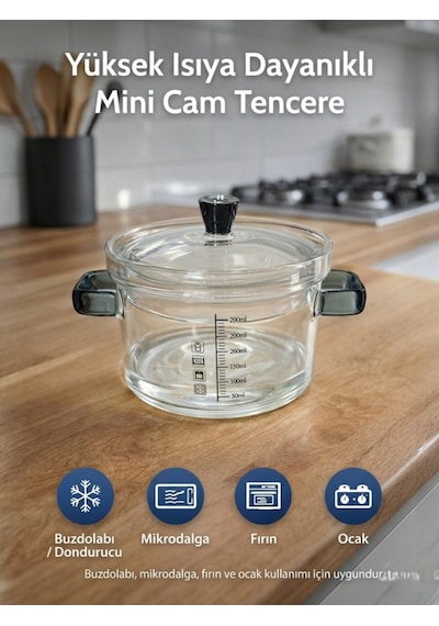 Yüksek Isıya Dayanıklı Mini Cam Tencere Mikrodalga, Fırın, Ocak Ve Buzdolabı Uyumlu Cam Tencere Şeffaf