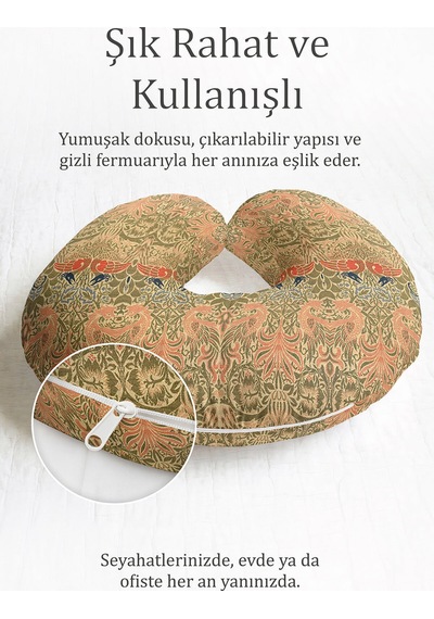 Vintage Kuş Motifli Ergonomik Boyun Yastığı - Doğal Desenli Zeytin Yeşili Turuncu Seyahat Yastığı Mat Taş Amber