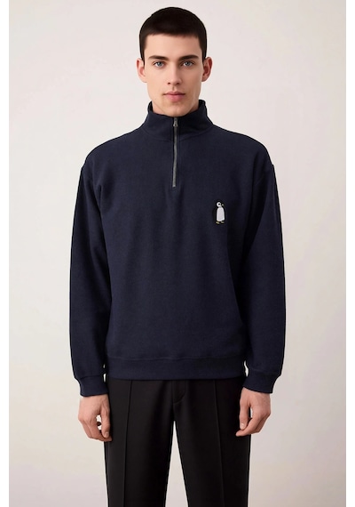 Benerly Erkek Dik Yaka Standart Kol Selanik Oversize Kalıp Sweatshirt Fon Lacivert