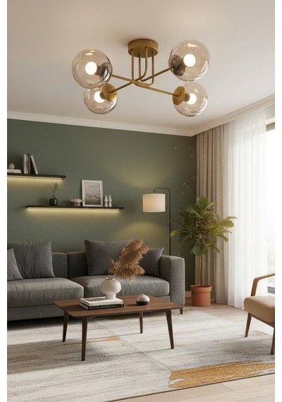 Safir Modern Tasarım Salon Yatak Odası Mutfak Eskitme Renk Bal Camlı 4 Lü Avize Eskitme Bal Eskitme Bal