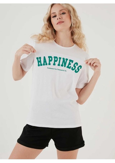 Kozia Outdoors Malkoçbey Happinnes Baskili Oversize Unisex Basic T-shirt Beyaz
