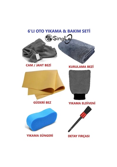 6 Lı Mikrofiber Oto Yıkama Seti Kurulama Bezi Cam Bezi Güderi Oto Eldiven Oto Sünger Detay Fırça