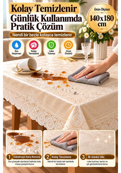Krem 140x180 Cm Dantel Görünümlü Pvc Masa Örtüsü Sıvı Geçirmez Silinebilir Mutfak Masa Örtüsü Lüks