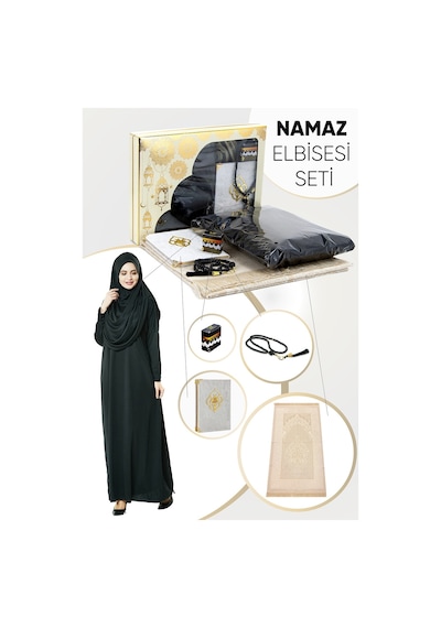 Pratik Başörtülü Tek Parça Namaz Elbisesi ve Seccade Seti Siyah 001