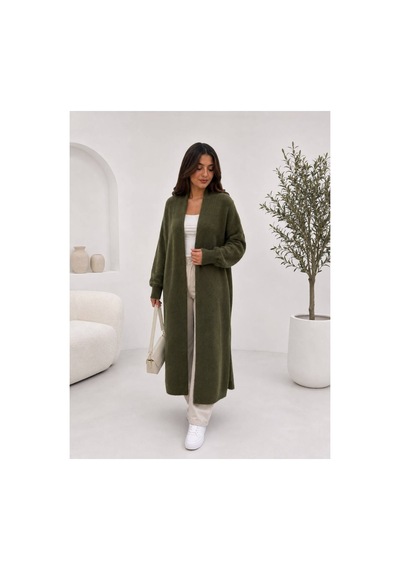 Hira Life Fashion Kadın Şal Yaka Uzun Triko Ve Sakallı Tüylü Hırka Haki Haki
