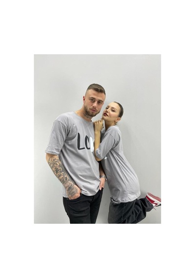 Flood Of Style Unisex Tshirt Gri Love Baskılı Sevgili Çift Kombini 2 'li Set