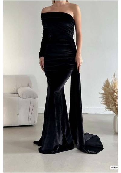 DefyModa Kadın Vintage Tek Omuz Kuyruklu Balık Kesim Abiye Elbise Siyah