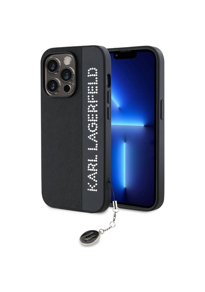 Apple Uyumlu iPhone  14 Pro Max Kılıf Karl Lagerfeld Lisanslı Anahtarlıklı Taşlı Saffiano Rhinestones Siyah