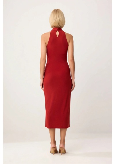Benerly Kadın Halter Yaka Kolsuz Bodycon Midi Elbise Aksesuar Detaylı Ast Kiremit