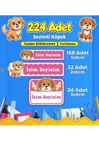 Sevimli Köpek Temalı Okul Kreş Kişiye Özel İsim Etiketi - Model 399 Çok Renkli