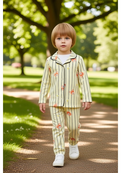 Ersefa Sevimli Ayıcık Baskılı Yumuşak Erkek Çocuk Pijama Takımı Kaliteli Sarı
