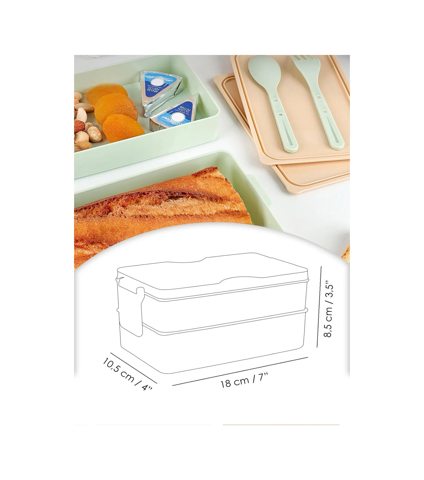 Dikdörtgen İki Katlı Lunch Box Açık Yeşil Renk Beslenme Kutusu Saklama Kutusu Açık Yeşil