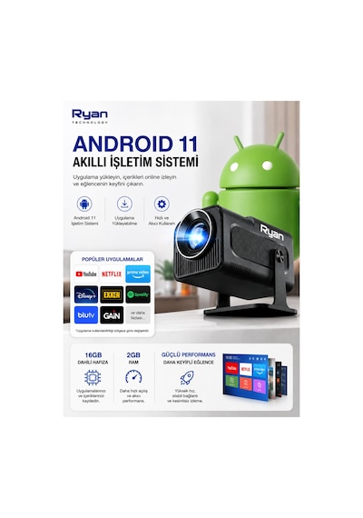 Akıllı Mini Projektör Ev Sinema Projeksiyon Cihazı 2gb Ram 16gb Rom Hy320