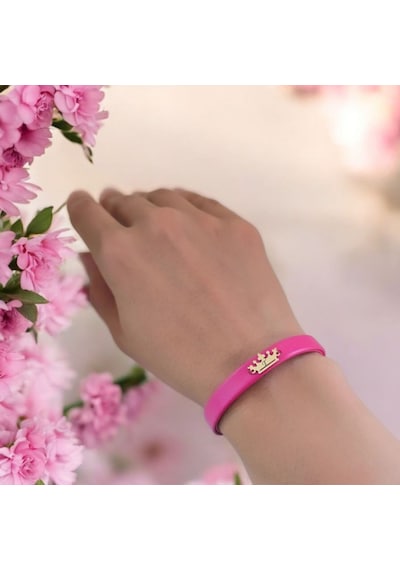 T Harfine Özel 14 Ayar Altın Plakalı Doğal Pembe Derili Taç Motifli Hediye Bileklik-495harf T