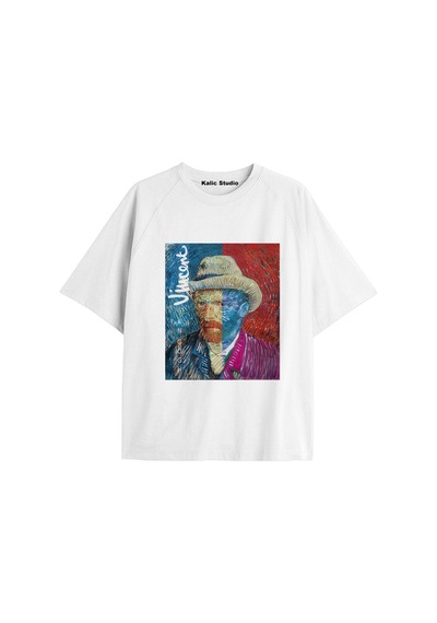 Kalic Studio Unisex Van Gogh Baskılı Oversize Tshirt Beyaz-98