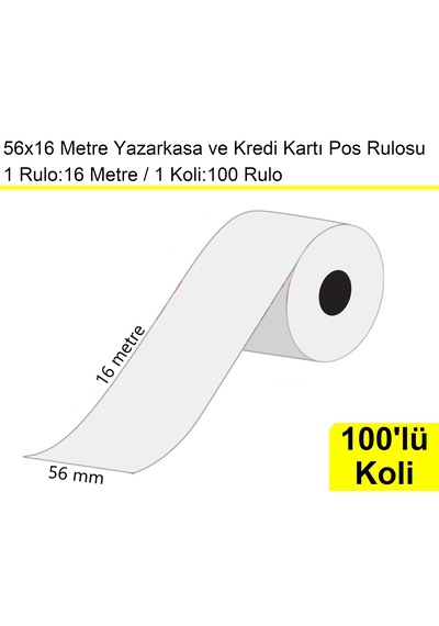 56x16 Metre Termal Kredi Kartı Ve Yazarkasa Pos Rulosu 100'lü Koli