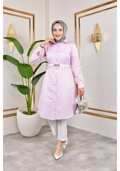 Harman Butik Kemerli Çizgili Keten Gömlek Pembe Pembe