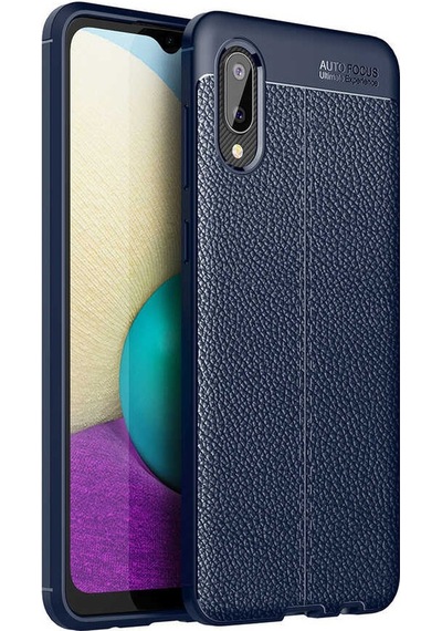 Noktaks - Galaxy A02 Uyumlu Kılıf Deri Dikiş Görünümlü Niss Karbon Silikon Kapak - Lacivert - T16721