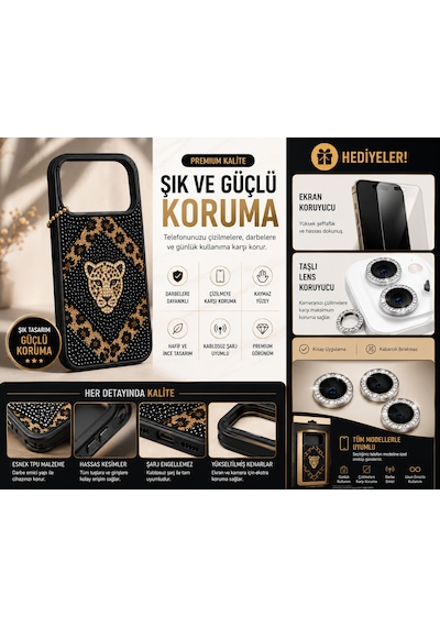 İphone 14 Pro Max Uyumlu Leopar Desenli İnci Taşlı Telefon Kılıfı + Taşlı Lens Koruyucu + Ekran Koruyucu Hediyeli