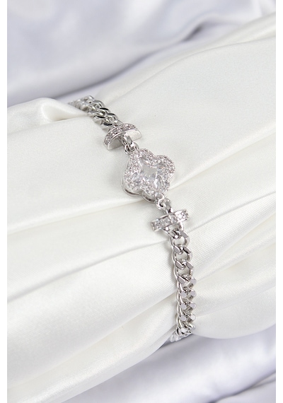 Pirinç Zirkon Taşlı Yonca Model Gümüş Renk Kadın Bileklik - Tj-bb7538 Diğer