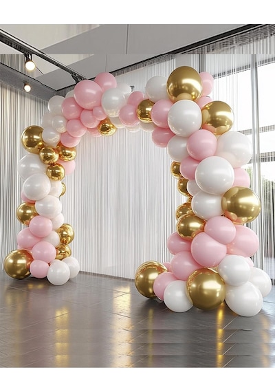 Krom Gold, Pastel Beyaz Ve Makaron Pembe Temalı Balon Seti Pembe