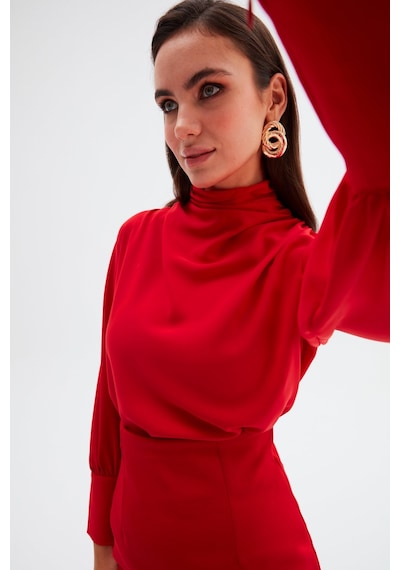 Sateen Drape Detaylı Bluz - Kırmızı
